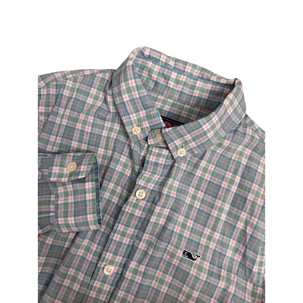 Vineyard Vines Boys Whale Shirt Plaid Button Down Green Blue Pink‎ Size 7